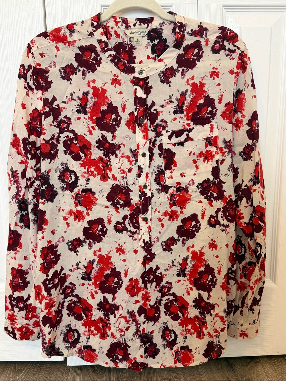 Lucky Brand Women L Floral Henley Blouse Tunic Red Burgundy Long Sleeve Boho